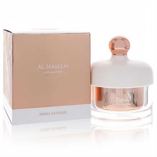 Elegant Swiss Arabian Al Naseem fragrance bottle with clear glass, white top, rose gold cap, and matching luxurious box.