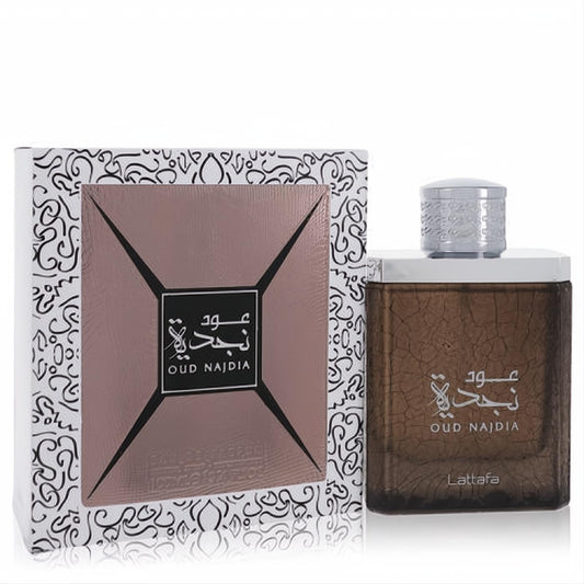 Luxurious Oud Najdia by Lattafa 3.4 oz unisex EDP. Distinctive textured brown bottle, silver cap, and elegant patterned box.