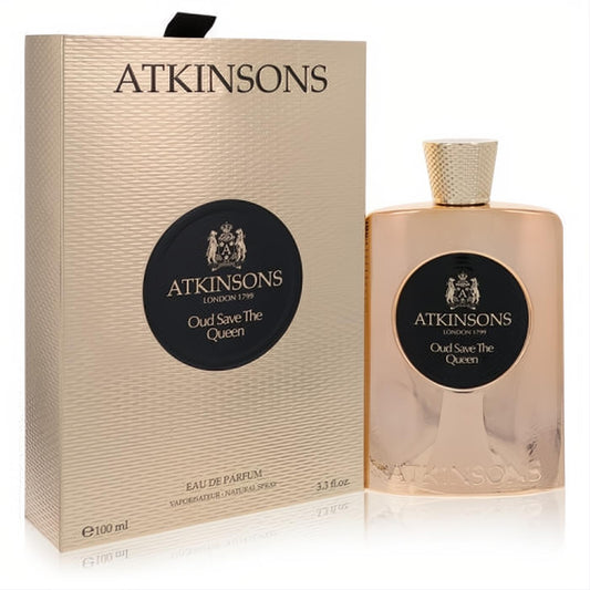 Experience royalty with Atkinsons Oud Save The Queen 3.3 oz EDP. Rose gold bottle and textured box, featuring an elegant black and gold crest.