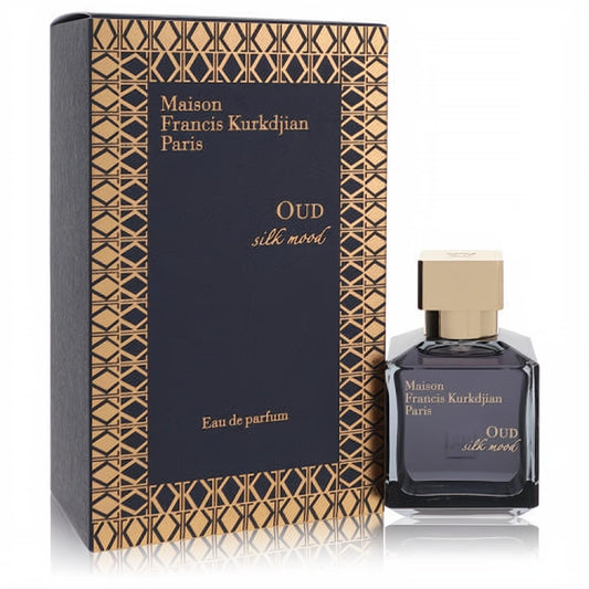 Luxurious Maison Francis Kurkdjian Oud Silk Mood EDP. Dark blue box with iconic gold geometric pattern, sleek glass bottle with gold cap.