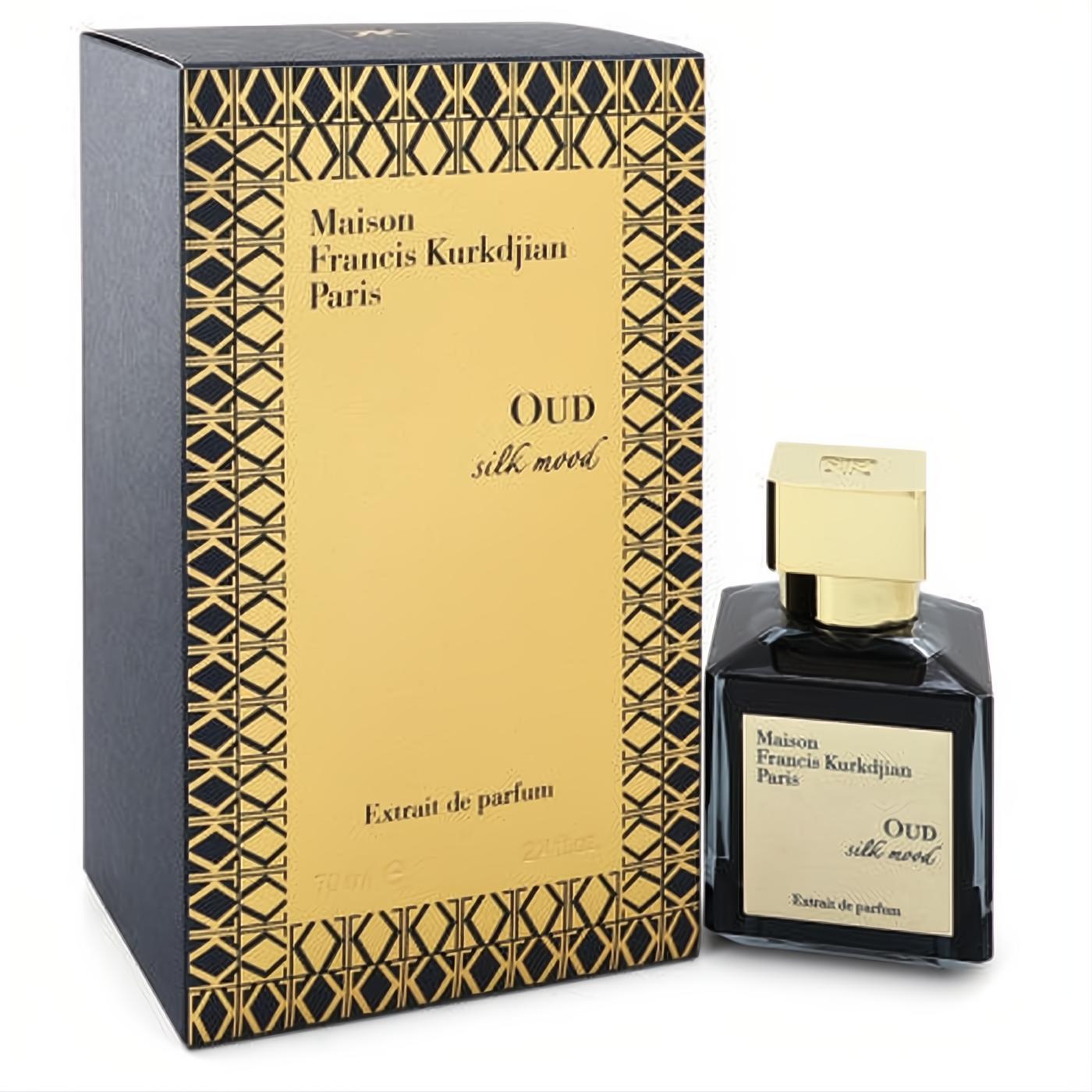 Luxurious Maison Francis Kurkdjian Oud Silk Mood 2.4 oz Extrait de Parfum in a sleek black bottle with gold cap and matching box.