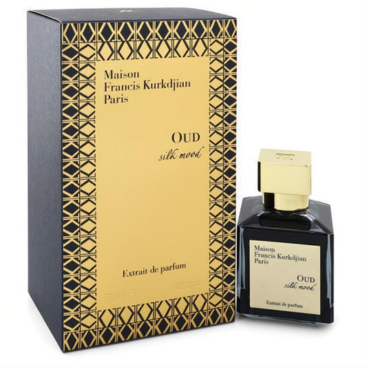 Luxurious Maison Francis Kurkdjian Oud Silk Mood 2.4 oz Extrait de Parfum in a sleek black bottle with gold cap and matching box.