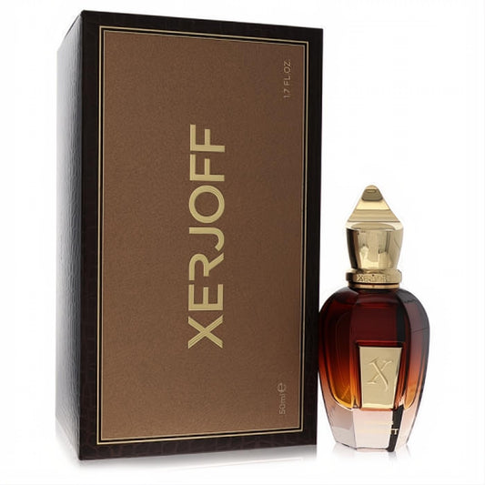 Luxurious Xerjoff Oud Stars Al-Khatt 1.7 oz EDP. Ornate amber glass bottle with gold cap and elegant textured brown box.