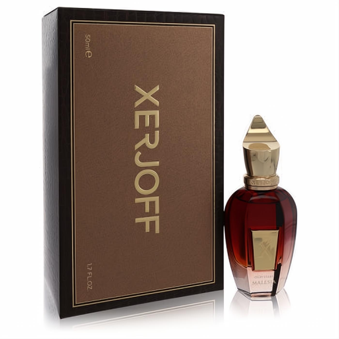 Exquisite Xerjoff Oud Stars Malesia 1.7 oz EDP. Features a unique amber glass bottle, gold cap, and a sophisticated brown and gold box.