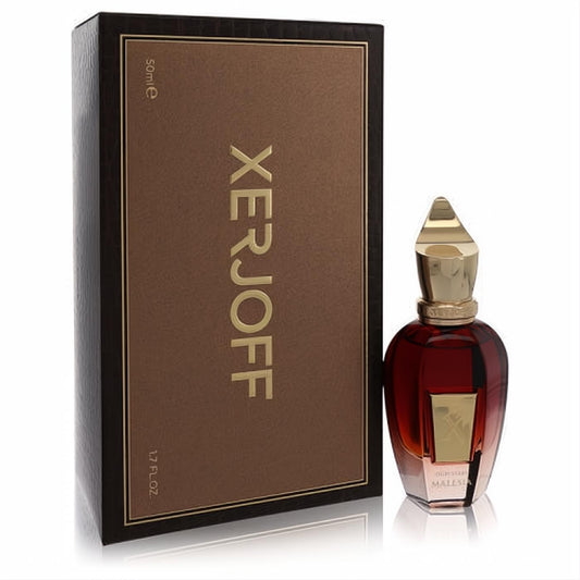 Exquisite Xerjoff Oud Stars Malesia 1.7 oz EDP. Features a unique amber glass bottle, gold cap, and a sophisticated brown and gold box.