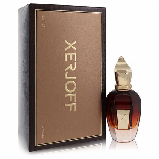 Elegant Xerjoff Mamluk 1.7 oz perfume bottle with a gold X logo, amber-to-clear gradient, and a luxurious brown textured box.