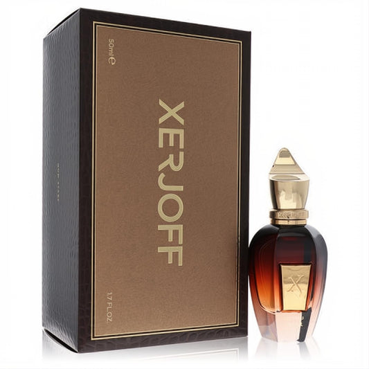 Exquisite Xerjoff Oud Stars Zafar 1.7 oz EDP, featuring a dark amber glass bottle with a unique gold cap and a luxurious textured brown box.