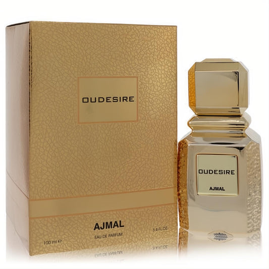 Oudesire by Ajmal 3.4 oz unisex Eau De Parfum. Luxurious gold faceted bottle and elegant textured box.