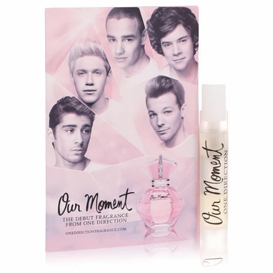 Our Moment by One Direction .02 oz women's perfume sample vial, with a pink promo card featuring the iconic band.