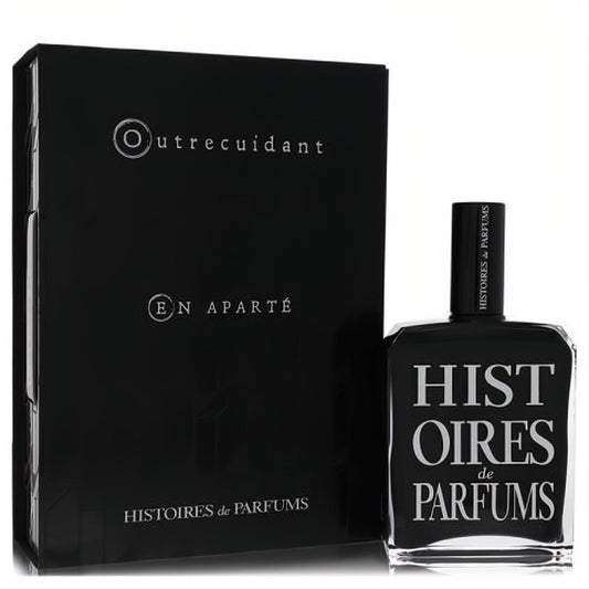Bold black 4 oz Histoires De Parfums Outrecuidant unisex EDP bottle with white lettering and matching box.