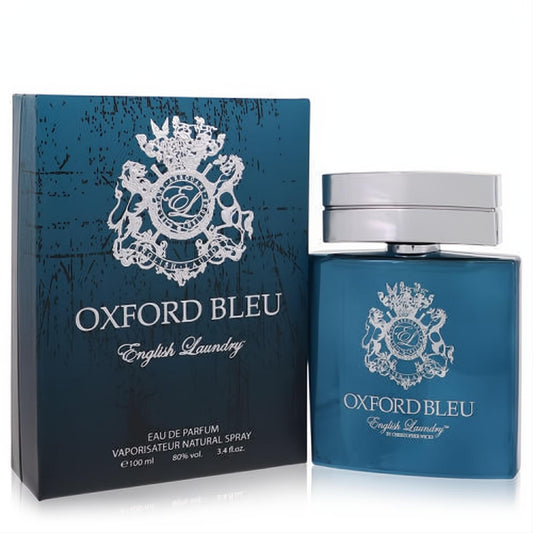 Oxford Bleu English Laundry 3.4 oz men's Eau de Parfum. Sleek deep blue bottle, silver cap, and matching box with elegant crest.