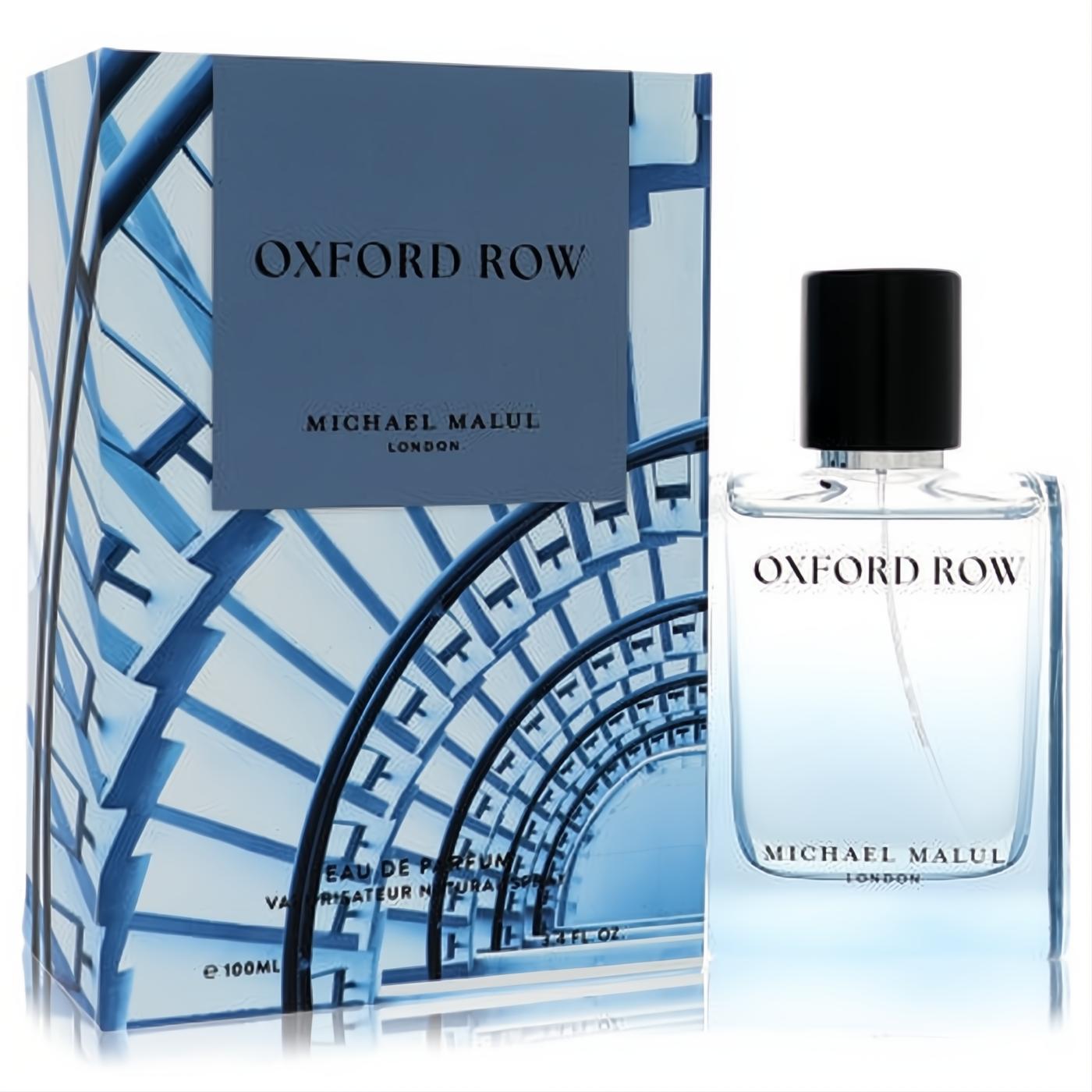 Elevate your style with Oxford Row Michael Malul men's 3.4 oz Eau De Parfum. Clear bottle, sleek black cap, and a modern blue architectural box.