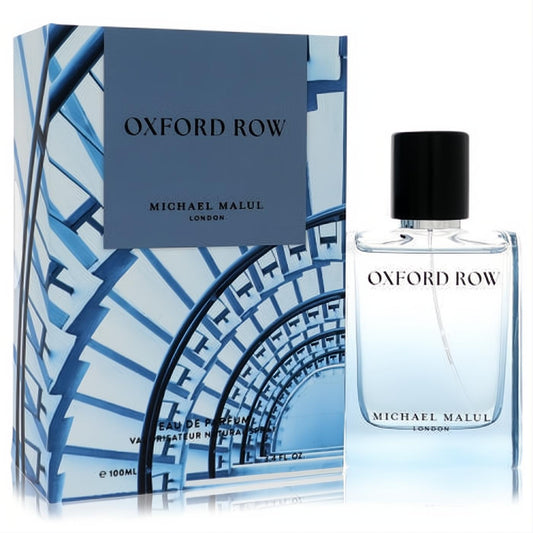 Elevate your style with Oxford Row Michael Malul men's 3.4 oz Eau De Parfum. Clear bottle, sleek black cap, and a modern blue architectural box.