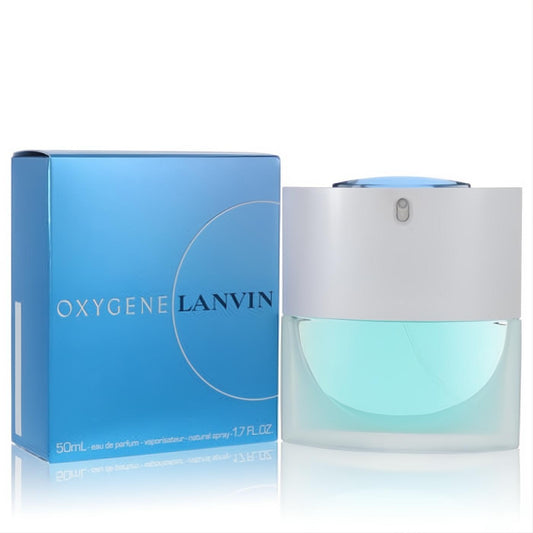 Refreshing Lanvin Oxygene 1.7 oz EDP for women. Features a vibrant blue box and a frosted bottle with aqua liquid and a white cap.