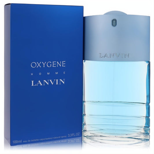 Oxygene Homme Lanvin EDT 3.3 oz. Sleek clear bottle with refreshing blue liquid, frosted cap, and vibrant blue box.