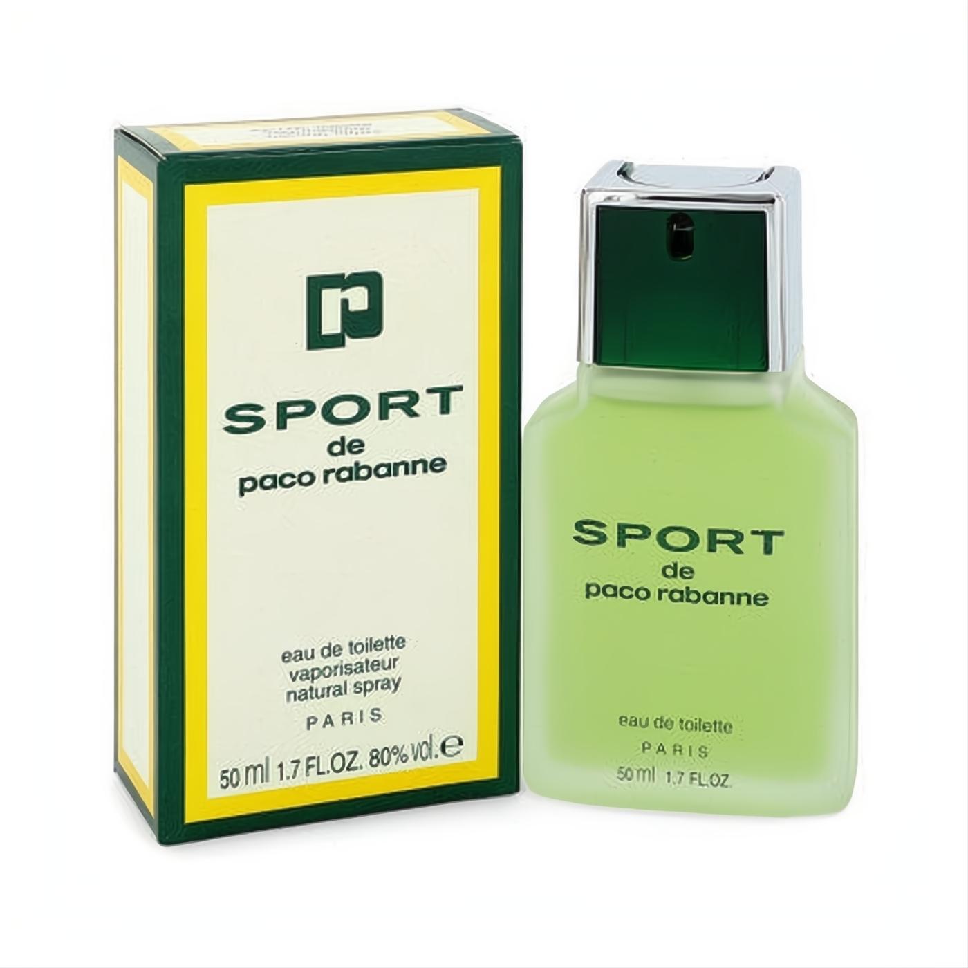 Paco Rabanne Sport 1.7 oz EDT. Sleek frosted green bottle, silver cap, and vibrant green/yellow box.