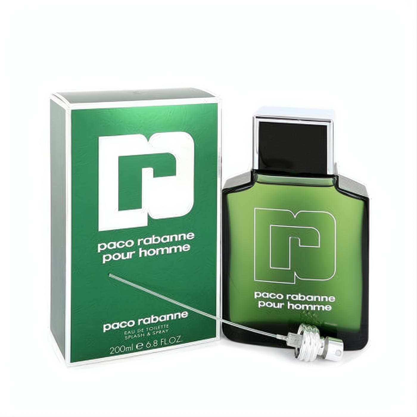 Paco Rabanne Pour Homme 6.8 oz EDT. Bold green glass bottle, sleek silver cap, and convenient splash & spray pump with matching box.
