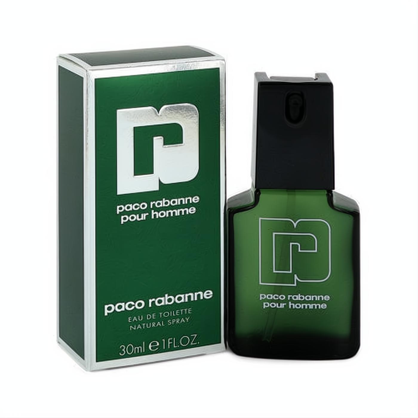 Elevate your presence with Paco Rabanne pour Homme 1 oz EDT. Dark green bottle, black cap, and white logo, displayed with its matching box.