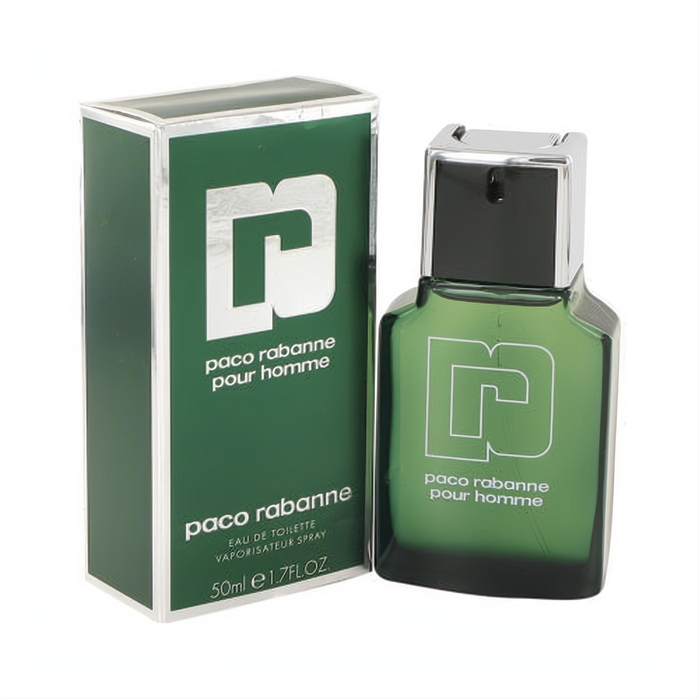 Classic Paco Rabanne Pour Homme 1.7 oz EDT in a vibrant green glass bottle with sleek silver cap, beside its matching box.