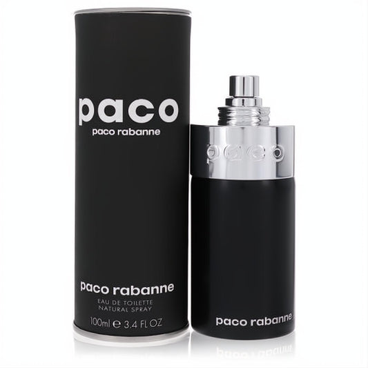 Paco Rabanne Paco Unisex Eau De Toilette 3.4 oz. Sleek matte black bottle, silver sprayer, and matching cylindrical box.