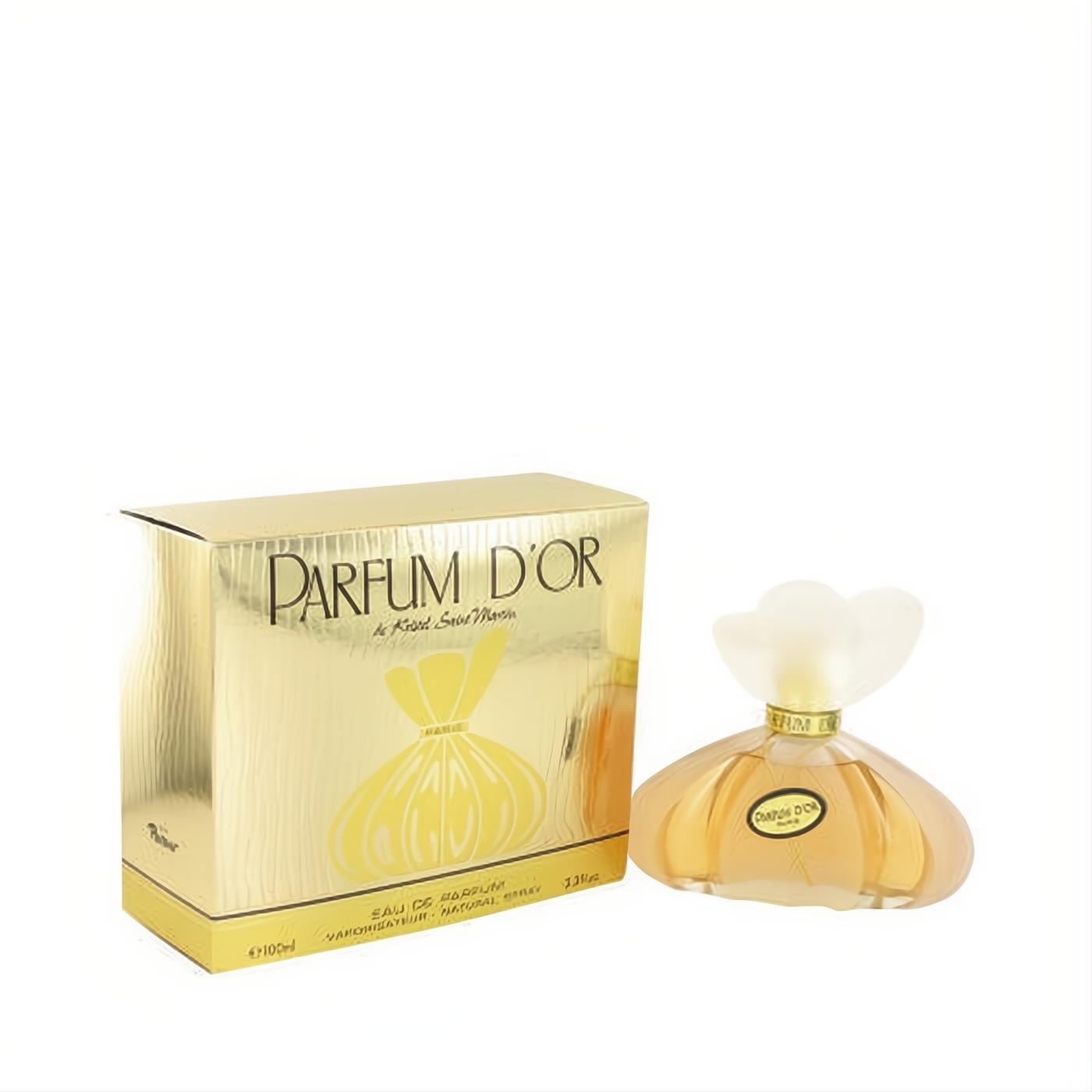 Kristel Saint Martin Parfum D'Or 3.4 oz Eau De Parfum. Luxurious gold box and clear glass bottle with unique frosted flower cap.