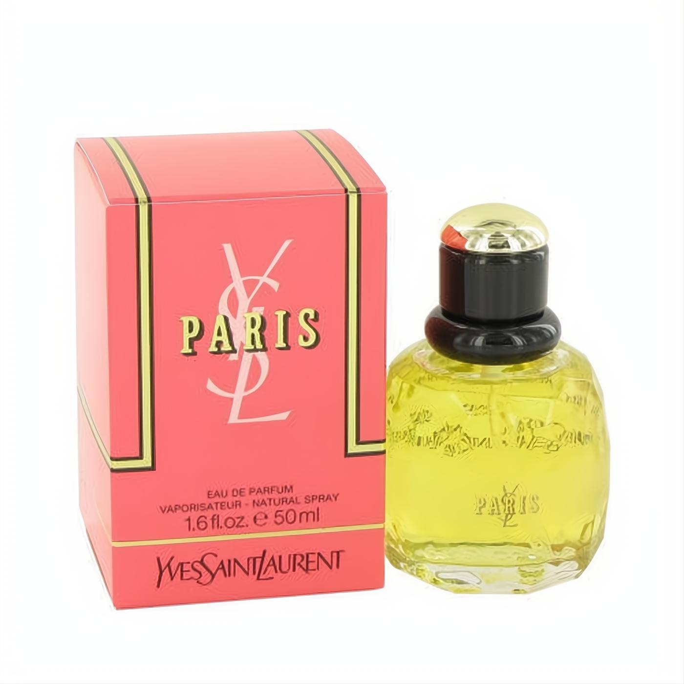 Elegant YSL PARIS Eau De Parfum 50ml spray, featuring a radiant coral box with gold trim and a classic clear glass bottle.