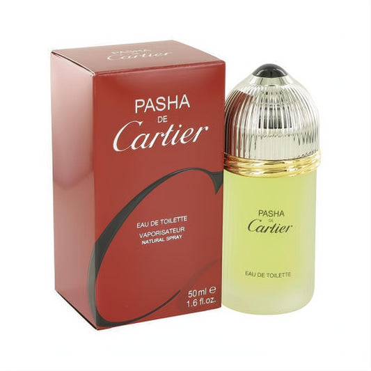 Pasha de Cartier 1.6 oz EDT spray. Frosted green glass bottle with gold band, ribbed silver cap, and bold red box.