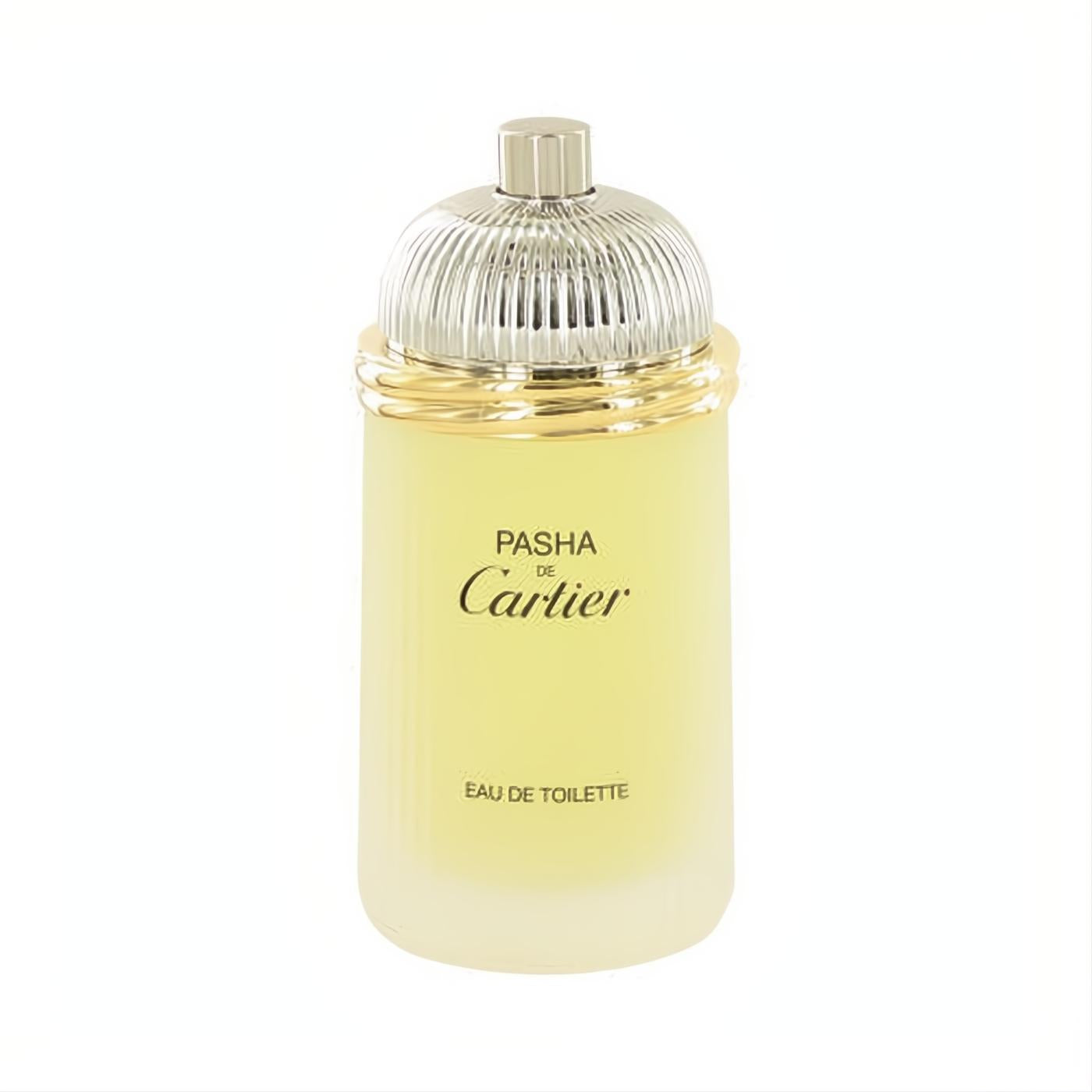 Experience Pasha de Cartier EDT tester. A sophisticated 3.3 oz frosted bottle with a luxurious gold collar and silver fluted cap.