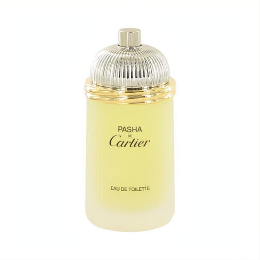 Experience Pasha de Cartier EDT tester. A sophisticated 3.3 oz frosted bottle with a luxurious gold collar and silver fluted cap.