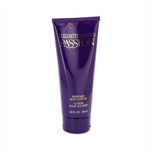 Elizabeth Taylor's Passion 6.8 oz perfumed body lotion. Rich deep purple squeeze tube with elegant gold lettering.
