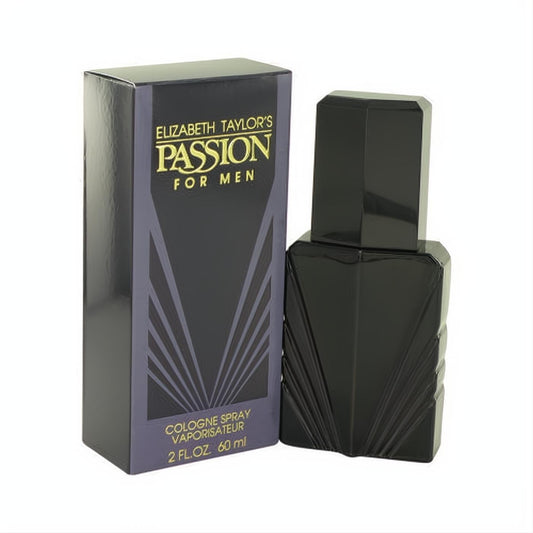Elizabeth Taylor's Passion for Men 2 oz cologne spray. Sophisticated dark faceted bottle and matching box with gold branding and ribbed design.