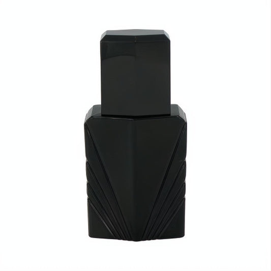 Sleek black Elizabeth Taylor Passion 4 oz cologne spray bottle with bold geometric design and elegant fan texture.