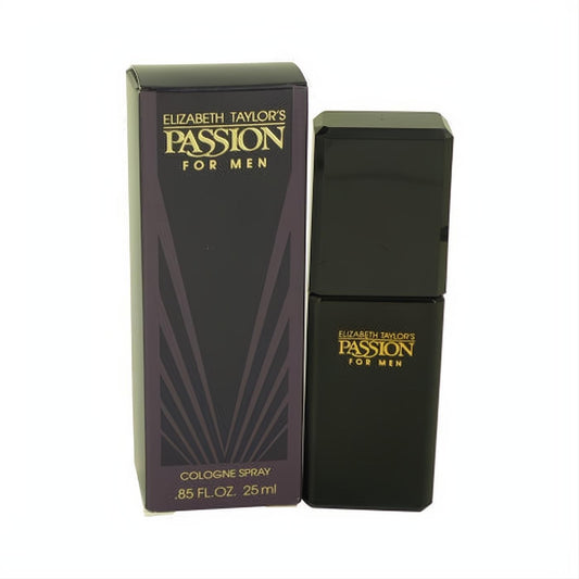 Elizabeth Taylor's Passion for Men .85 oz cologne. Bold black bottle and sophisticated dark purple box with gold accents.