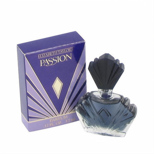 Elizabeth Taylor's Passion .12 oz mini EDP. Exquisite deep purple Art Deco bottle with a dark fan cap, next to its elegant matching box.