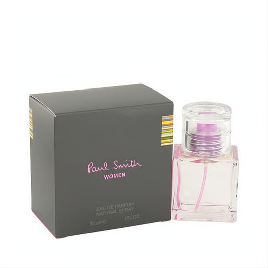 Paul Smith Women 1 oz Eau De Parfum spray in a clear glass bottle with pink liquid, next to its elegant grey box with signature stripes.