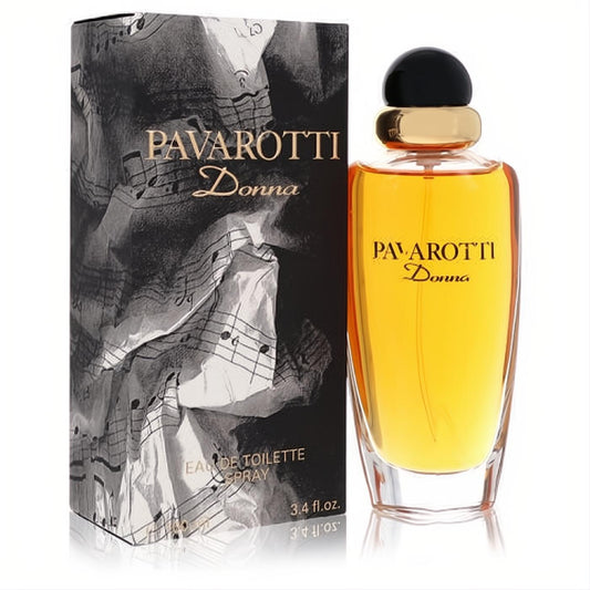 Exquisite Pavarotti Donna 3.4 oz Eau De Toilette spray with golden liquid, sleek black cap, and musical note box.