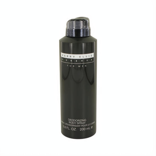 Experience Perry Ellis Reserve for Men 6.8 oz deodorizing body spray. Sleek matte black can, modern clear cap.
