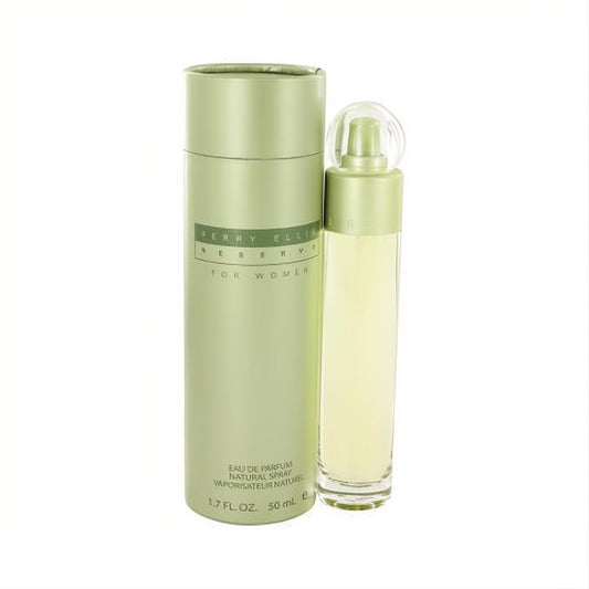 Perry Ellis Reserve for Women 1.7 oz Eau De Parfum. Features a sleek sage green cylindrical box and clear glass bottle with a matching green sprayer.