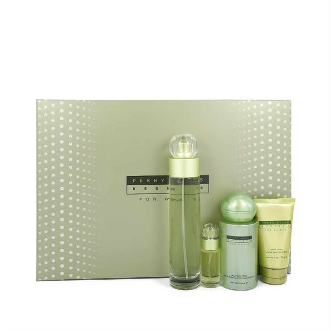 Discover the Perry Ellis Reserve for Women 4-piece gift set. Features a stylish light green polka dot box, EDP, body mist, and hand cream.