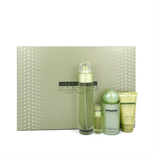 Discover the Perry Ellis Reserve for Women 4-piece gift set. Features a stylish light green polka dot box, EDP, body mist, and hand cream.