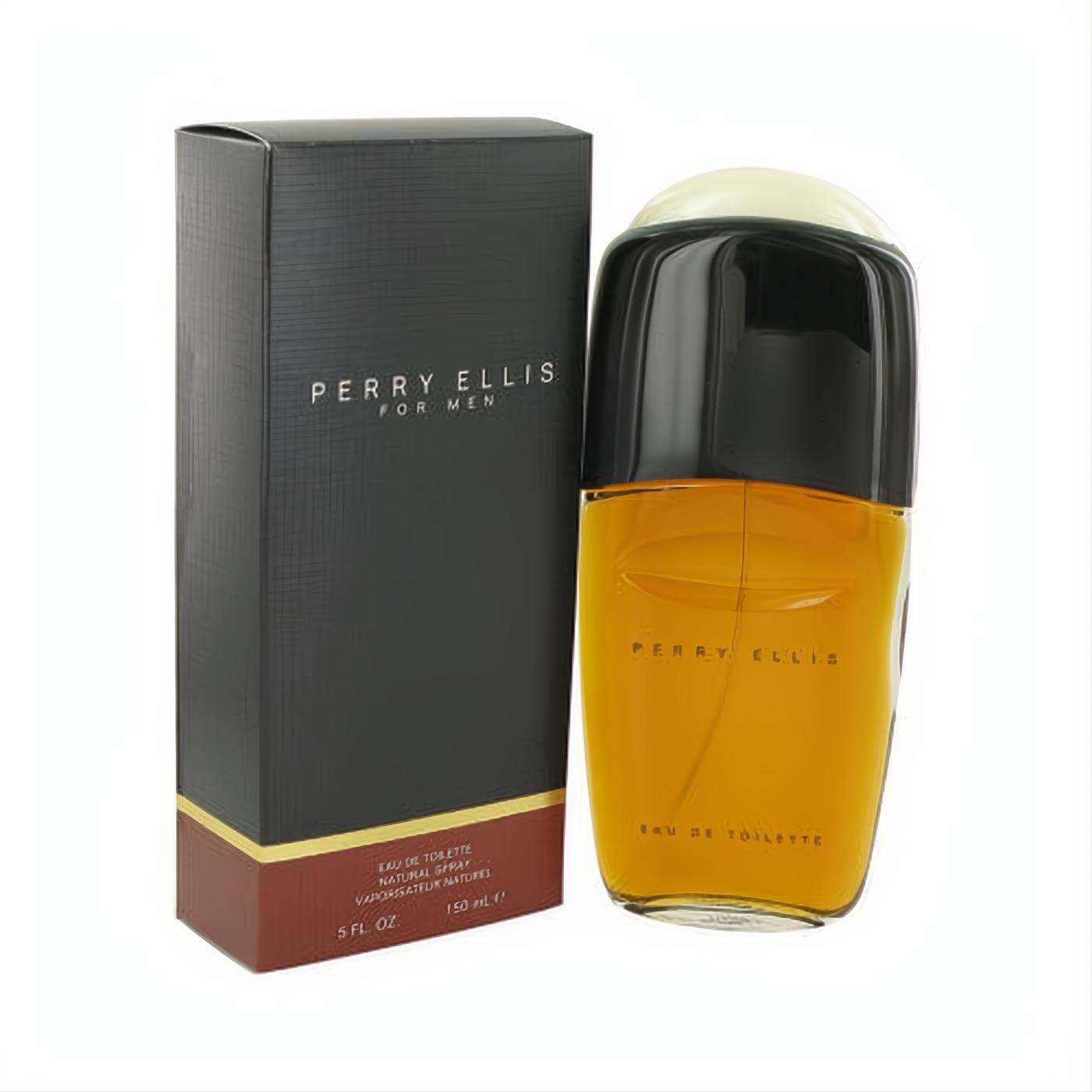 Captivating Perry Ellis for Men 5 oz EDT spray in a clear bottle with rich amber liquid, sleek black cap, and matching dark gray box.