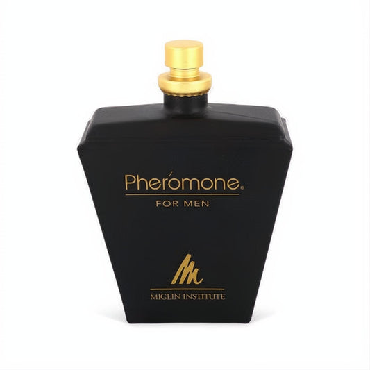 Sophisticated Pheromone for Men cologne in a sleek matte black bottle with striking gold branding and cap.