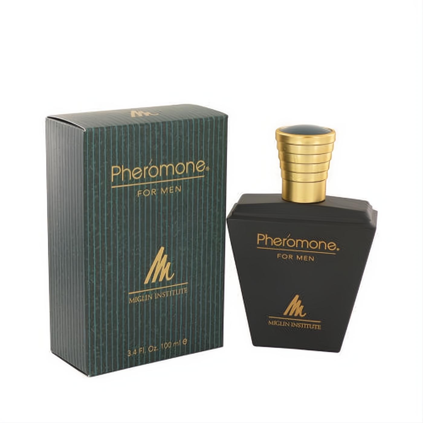 Pheromone for Men 3.4 oz EDT. Bold black angular bottle with a gold cap, next to its elegant striped green box.