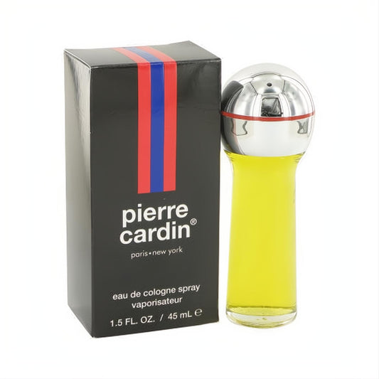 Pierre Cardin 1.5 oz cologne spray: sleek clear bottle with yellow liquid, striking silver spherical cap, beside its iconic black box.