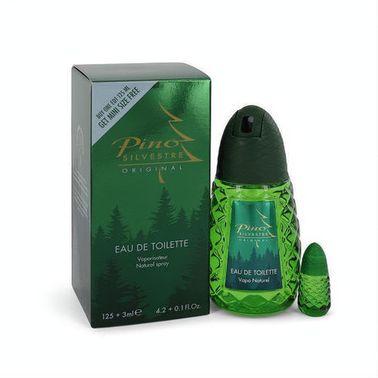Pino Silvestre 4.2 oz Eau De Toilette spray: vibrant green pinecone bottle, bonus travel mini, and sleek new packaging.