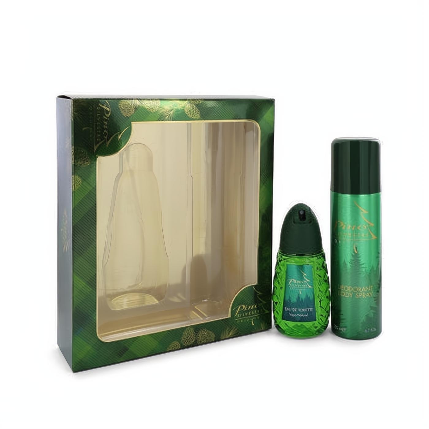 PINO SILVESTRE gift set: green 4.2 oz EDT spray, 6.7 oz body spray, and a matching pine forest-themed box.