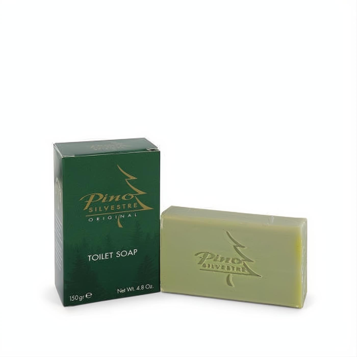 Pino Silvestre 4.8 oz refreshing green toilet soap bar, embossed with a pine tree logo, beside its elegant dark green box.