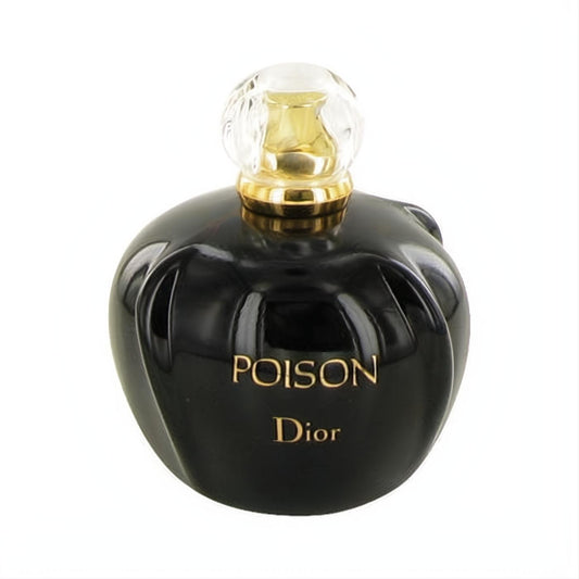 Alluring Christian Dior Poison 3.4 oz EDT Tester. Luxurious black ribbed bottle, gold lettering, and elegant faceted cap. Embrace this iconic fragrance.