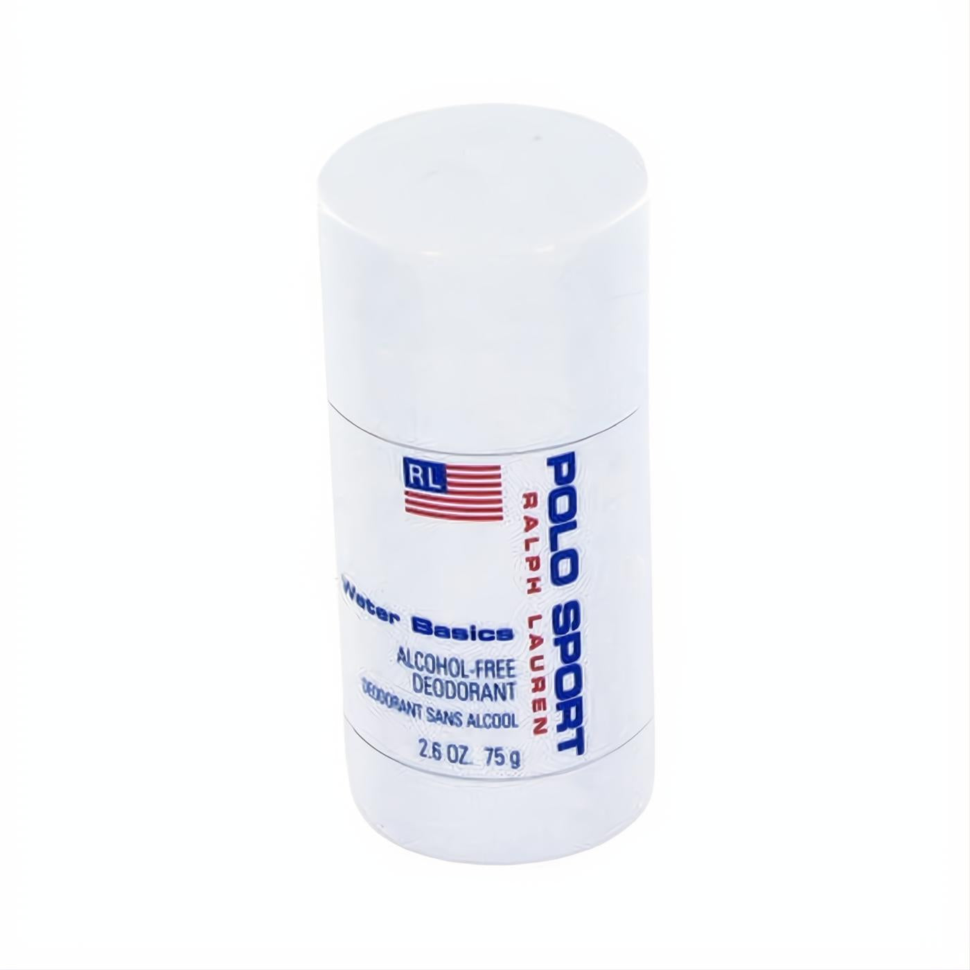 Sleek white POLO SPORT Ralph Lauren alcohol-free deodorant stick, 2.6 oz, with bold blue branding and iconic RL flag.