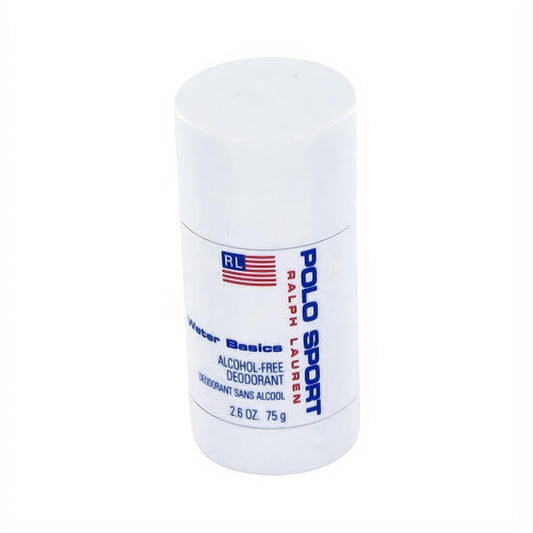 Sleek white POLO SPORT Ralph Lauren alcohol-free deodorant stick, 2.6 oz, with bold blue branding and iconic RL flag.